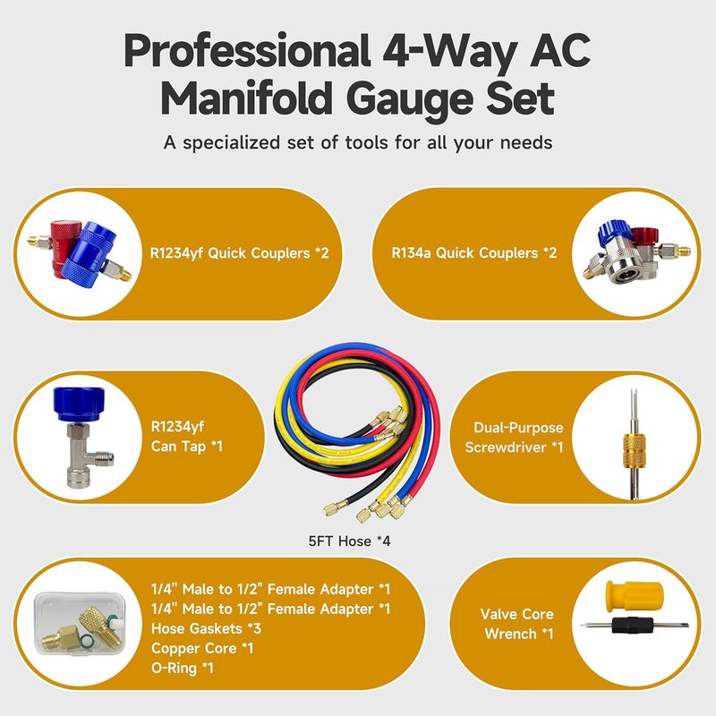 BACOENG AC R1234YF Gauge Set, Automotive 4 Way R1234yf Refrigerant Recharge Kit, R134A AC Manifold Gauge Set with 5FT Hoses for Car Charging and Evacuation - Image 5